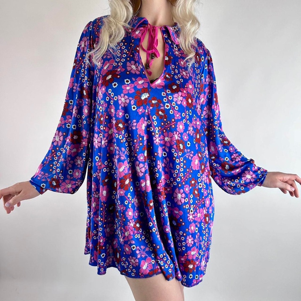 Free People Daisy Jane Mini Dress Botanical Combo Floral Tie Neck Size X Small